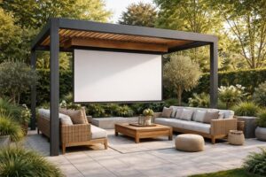 découvrez comment intégrer discrètement un écran de projection dans un coffre élégant au sein de votre pergola équipée, pour allier confort et design extérieur.
