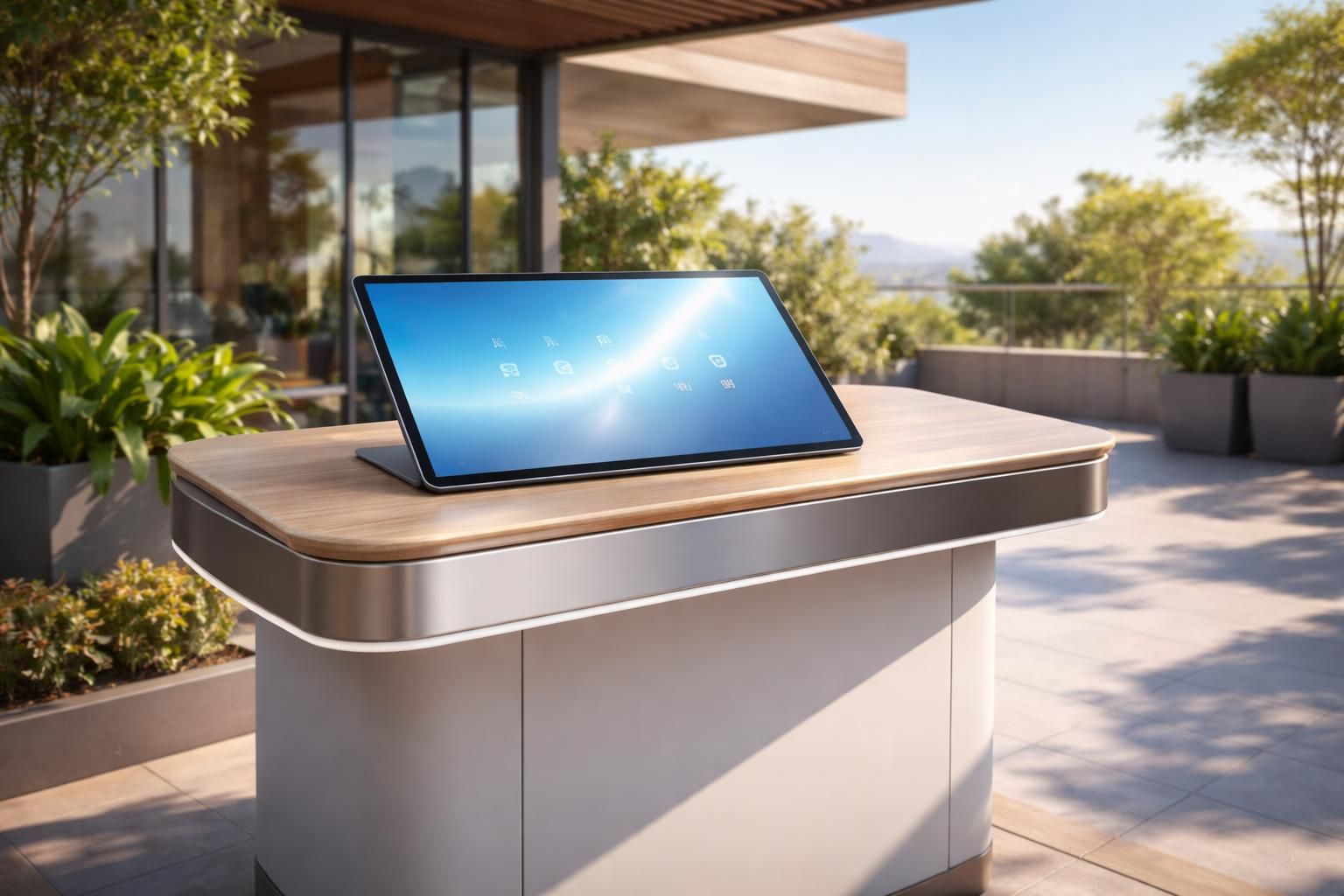 découvrez le kiosque edge sur terrasse, une tablette tactile microsoft innovante pour la domotique, qui s'allume automatiquement pour une gestion facile et autonome de votre maison.