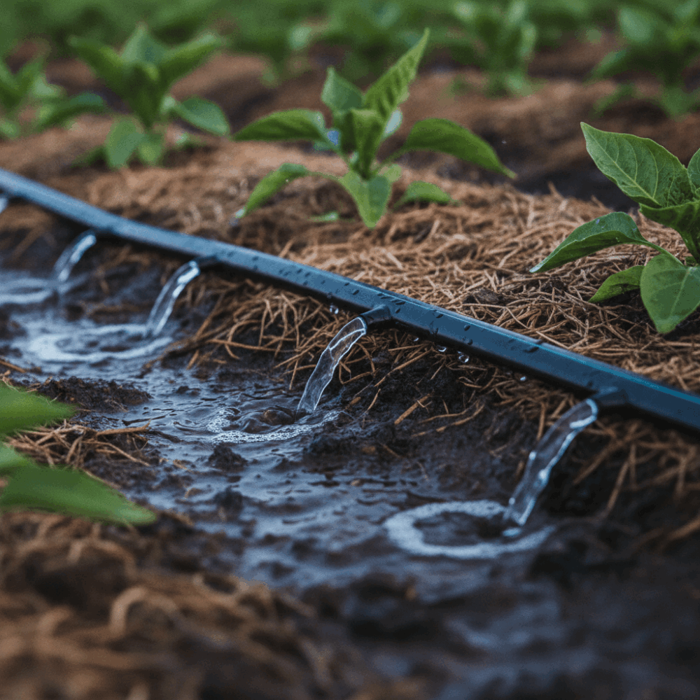 Système d'irrigation goutte-à-goutte en action sur culture maraîchère montrant la qualité de distribution de l'eau