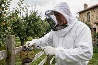 Apiculteur en combinaison de protection installant un piège à frelons asiatiques dans un jardin rural français