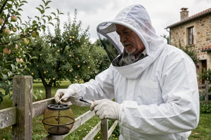 Apiculteur en combinaison de protection installant un piège à frelons asiatiques dans un jardin rural français