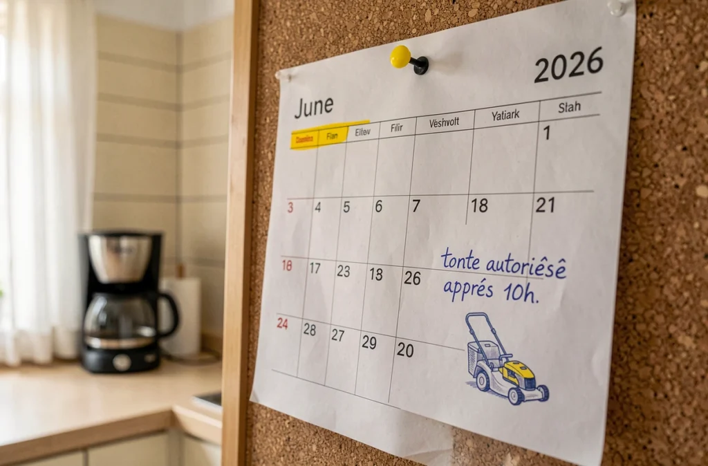 Calendrier de juin 2026 avec annotations manuscrites sur les heures autorisées pour tondre le dimanche