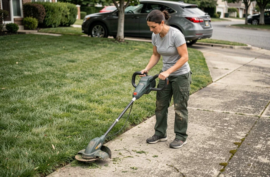 Femme utilisant un coupe-bordure électrique sans fil pour délimiter la pelouse le long d'une allée en béton