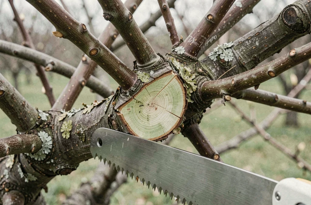 Gros plan sur la coupe d'une branche de prunier négligé révélant le bois vivant sous l'écorce