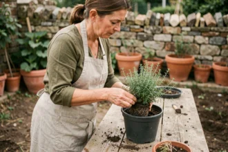 Femme qui dépote un plant de thym acheté en jardinerie sur une table de rempotage en bois dans un jardin