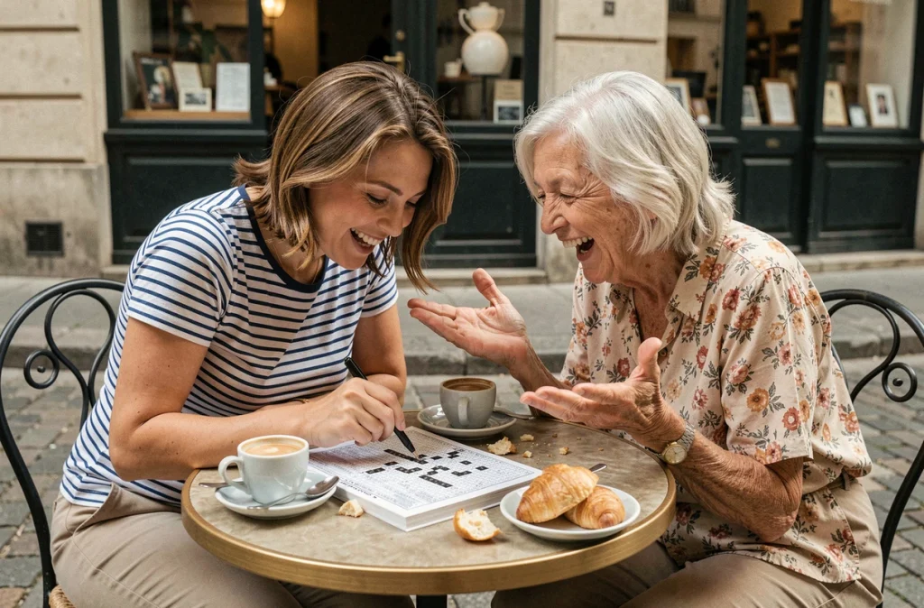 Deux femmes complices résolvant ensemble des mots fléchés dans un café de rue français avec des expressos et des croissants
