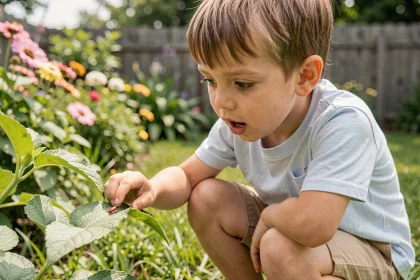 Jeune garçon accroupi dans un jardin d'été observant un petit insecte rouge sur une feuille verte