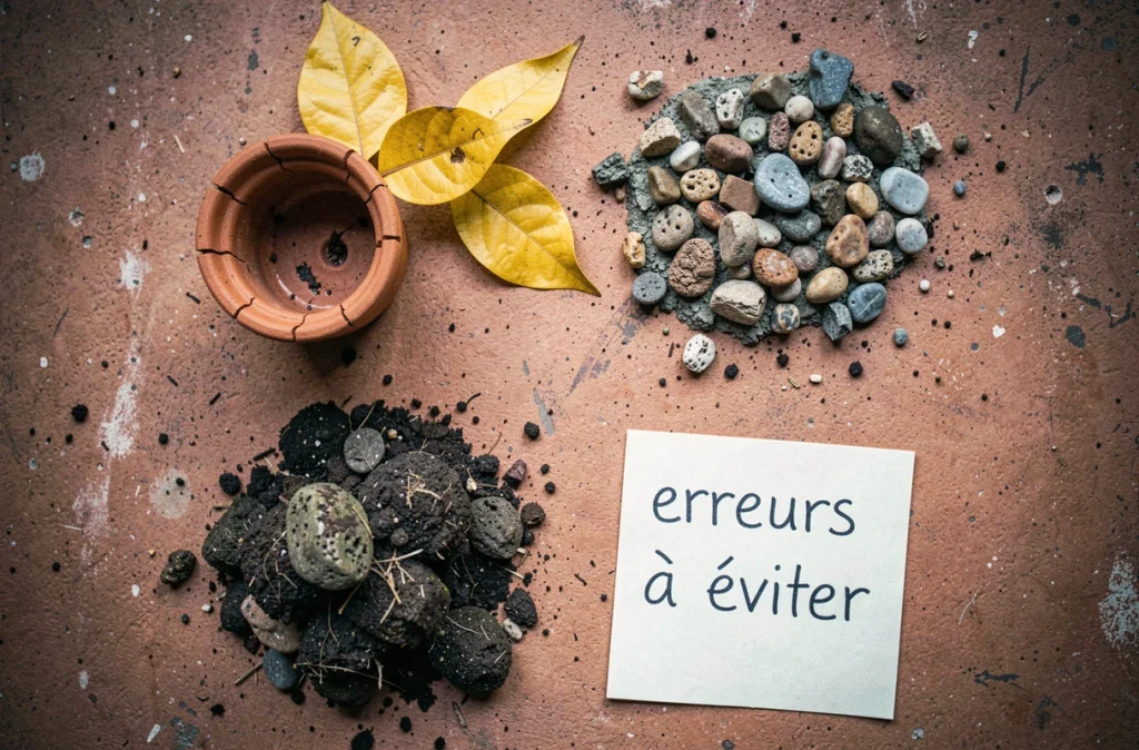 Vue de dessus des erreurs courantes de rempotage du ficus : pot trop petit, feuilles jaunies et sol détrempé
