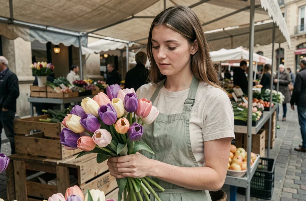 Femme tenant un bouquet de tulipes simples et doubles dans un marché aux fleurs en plein air