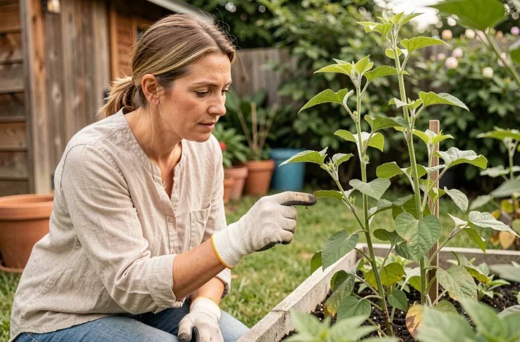 Femme adulte dans son jardin inspectant des plantes infestées d'acariens rouges pour protéger sa famille