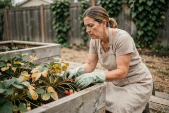Femme jardinière examinant des fraisiers aux feuilles jaunissantes dans un carré potager en bois, erreur d'entretien visible