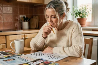 Femme d'âge mûr concentrée sur des mots fléchés avec un crayon à la main, entourée de magazines de puzzles sur une table en bois