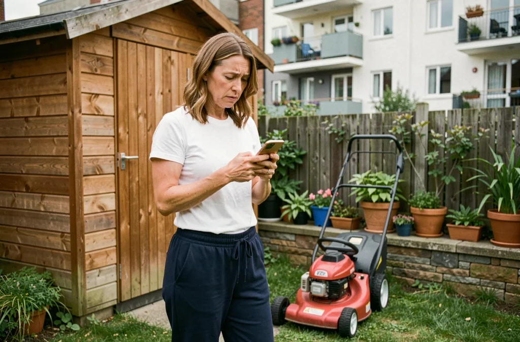 Femme consultant son téléphone à côté d'une tondeuse électrique dans un petit jardin urbain un dimanche