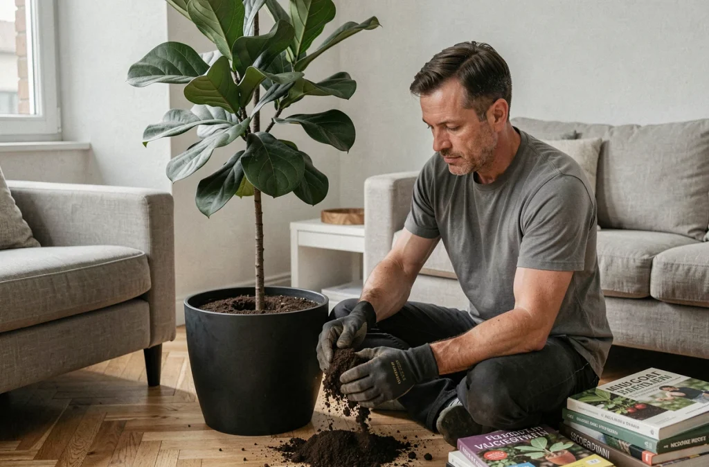 Homme en appartement rempotant un ficus lyrata dans un grand pot noir mat sur parquet en chevrons