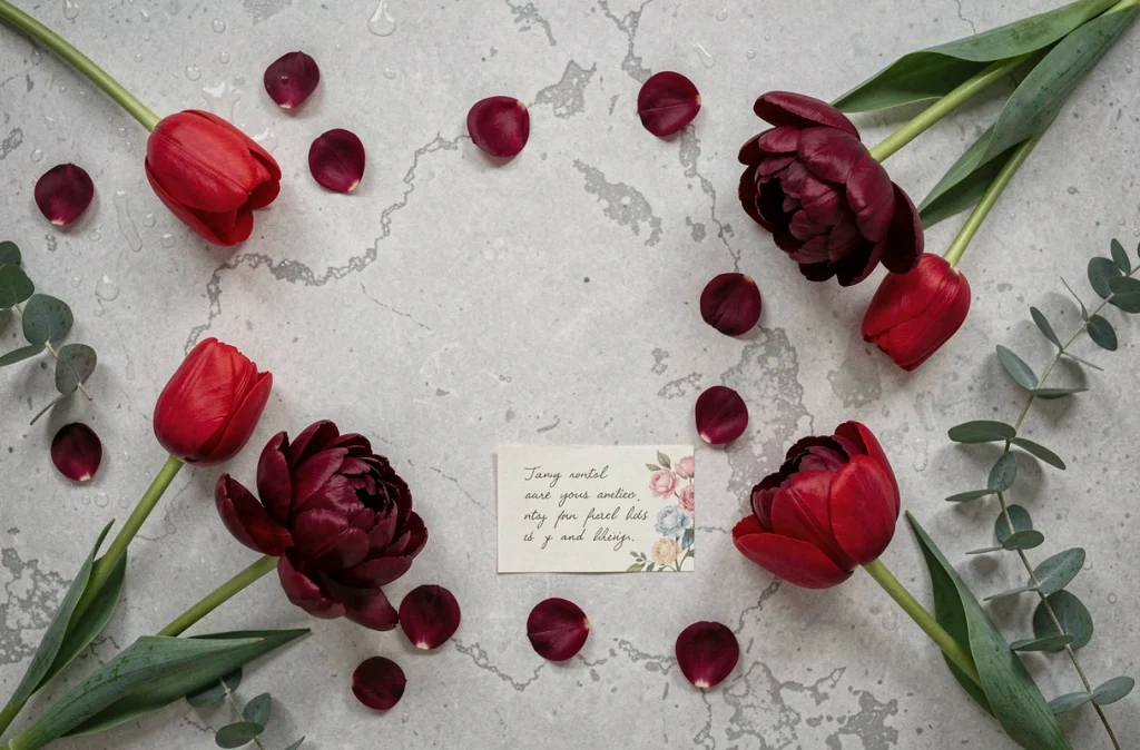 Flat lay de tulipes simples et doubles en vue du dessus sur surface en pierre grise avec pétales épars