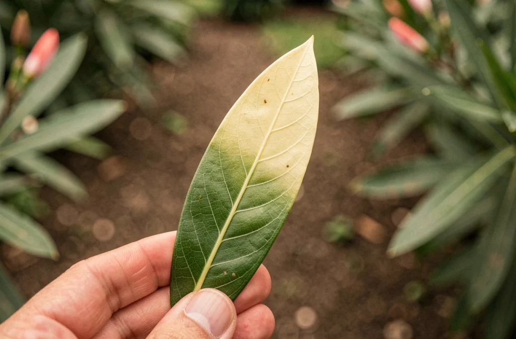 Gros plan d'une feuille de laurier rose jaunissante montrant la transition de couleur et la texture des nervures