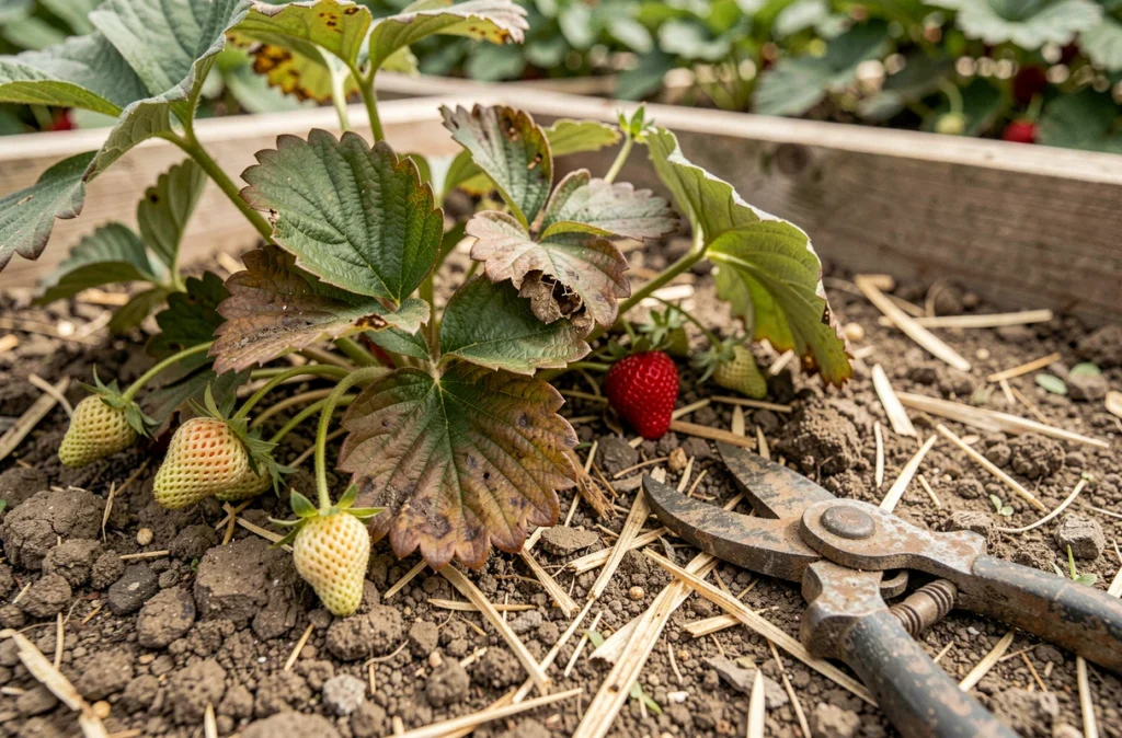 Gros plan sur des fraisiers mal entretenus avec des feuilles abîmées, des fruits chétifs et un sol sans paillis dans un potager