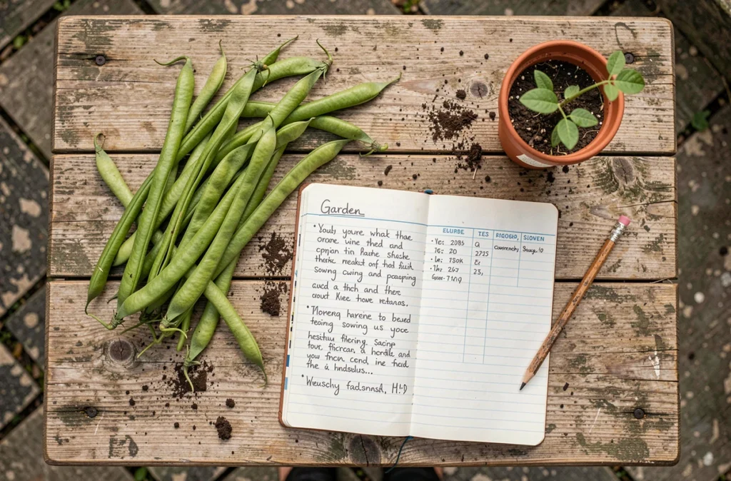 Vue de dessus de haricots verts fraîchement récoltés avec un carnet de planification des semis échelonnés sur une table en bois