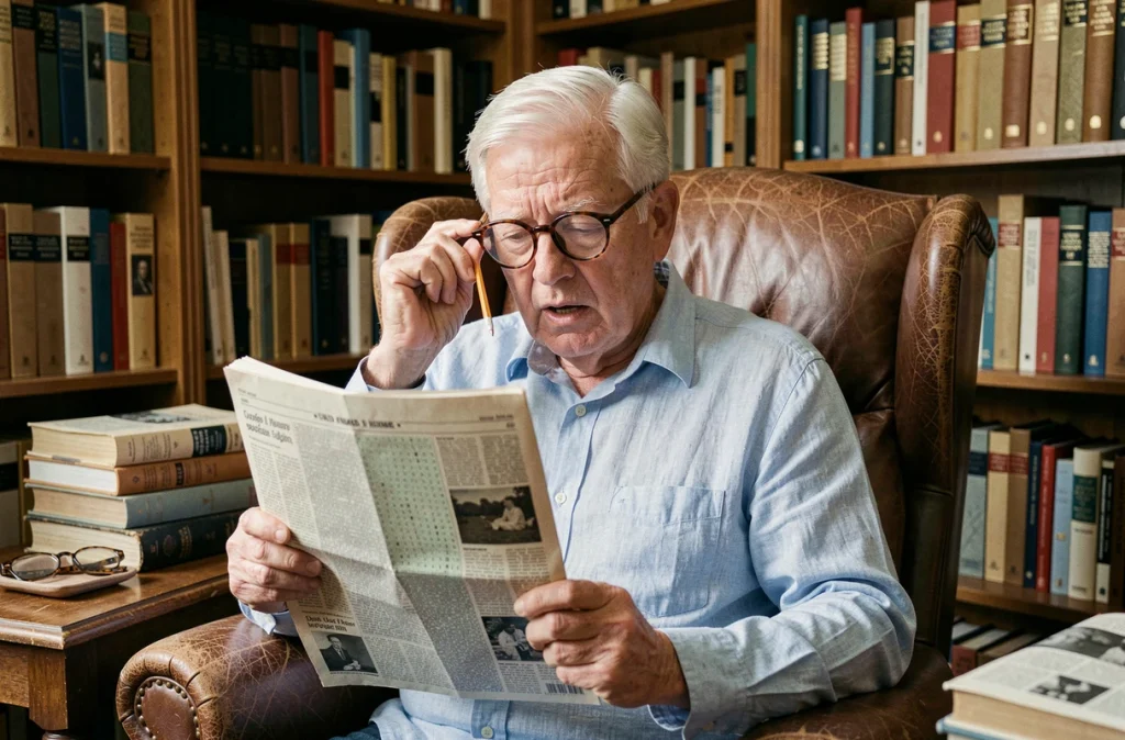 Homme âgé lisant un journal de mots fléchés dans une bibliothèque personnelle entourée de livres et d'encyclopédies