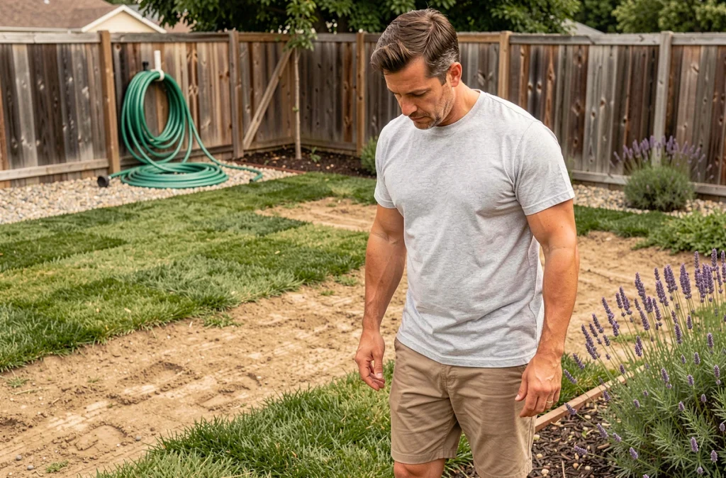 Homme inspectant une pelouse nouvellement semée résistante à la sécheresse dans un jardin suburban
