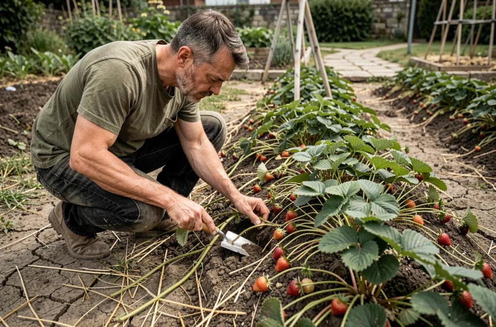 Homme jardinier avec une truelle s'occupant de fraisiers envahis par les stolons dans un jardin potager mal entretenu