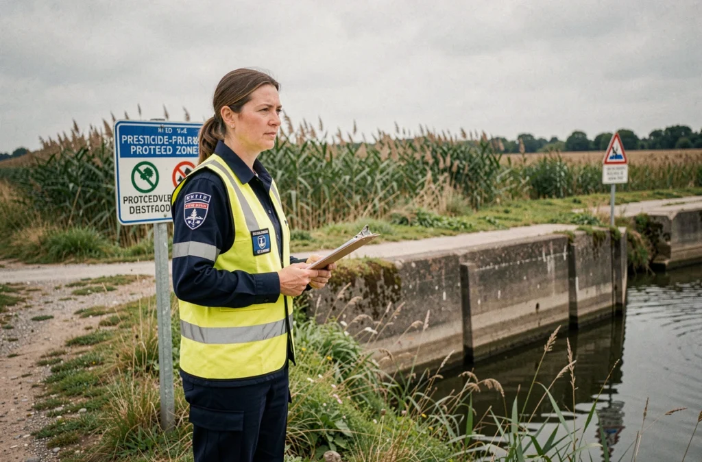 Inspectrice municipale contrôlant une zone tampon protégée en bord de canal contre l'usage des herbicides