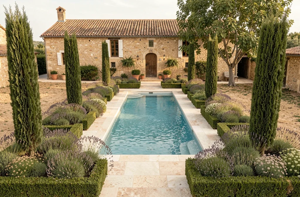 Vue d'ensemble d'un jardin méditerranéen symétrique avec cyprès, lavande et piscine entourée de pierre naturelle