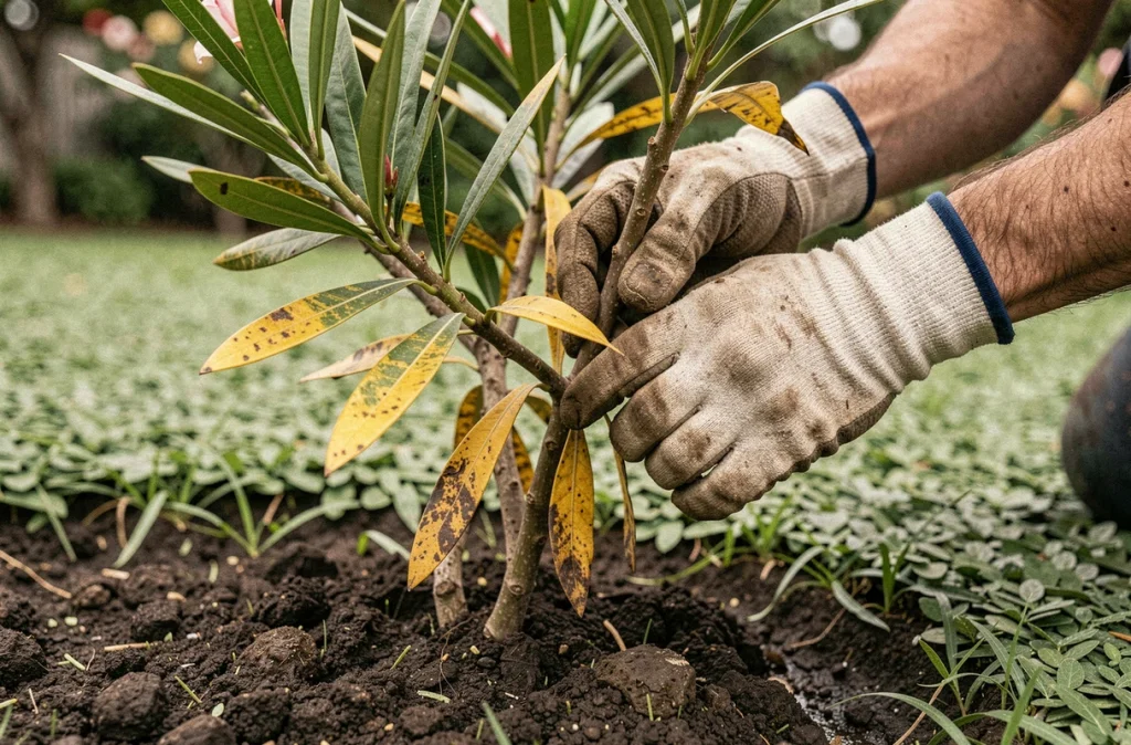 Jardiner inspecte les feuilles jaunes d'un laurier rose en pleine terre, diagnostic visuel dans un jardin