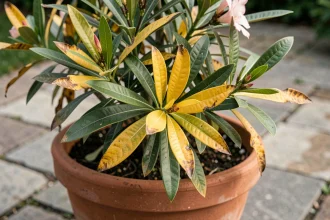 Laurier rose en pot avec feuilles jaunes sur une terrasse en pierre, signes de carence ou d'arrosage excessif