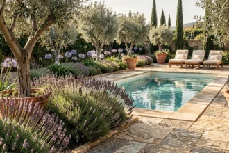Parterre méditerranéen fleuri avec lavande et romarin entourant une piscine turquoise aux abords en pierre calcaire