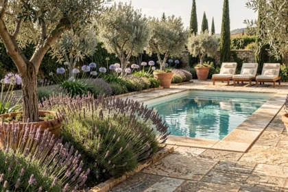 Parterre méditerranéen fleuri avec lavande et romarin entourant une piscine turquoise aux abords en pierre calcaire