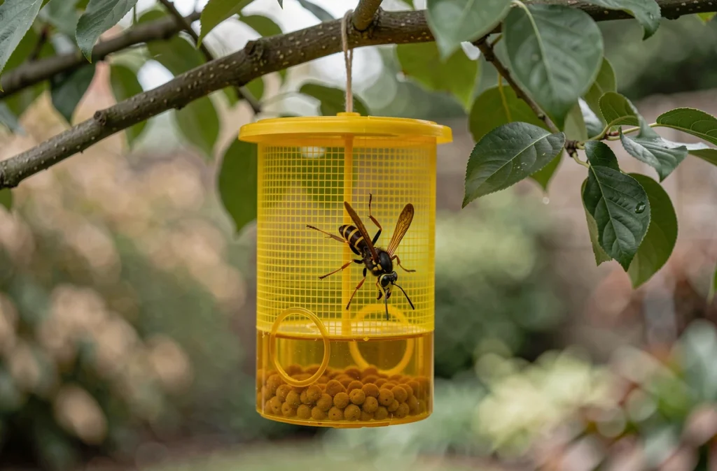 Gros plan d'un piège à frelons asiatiques homologué accroché à une branche d'arbre dans un jardin