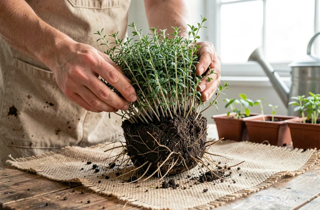 Gros plan sur les racines d'un plant de thym sorti de son pot de pépinière posé sur une toile de jute et une table en bois