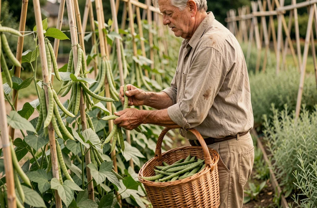 Homme récoltant des haricots verts mûrs dans un potager familial en plein été avec un panier en osier