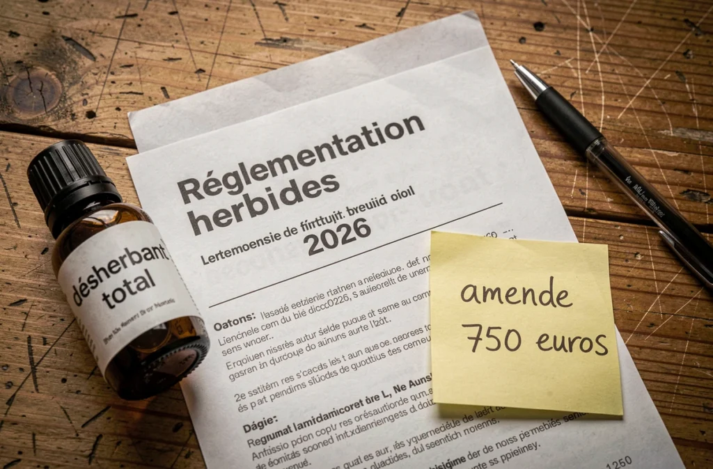 Document officiel de réglementation sur le désherbant Radikal et mentions d'amende posés sur une table en bois