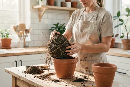 Femme en tablier de lin rempotant un ficus avec des racines compactées visibles sur une table en bois
