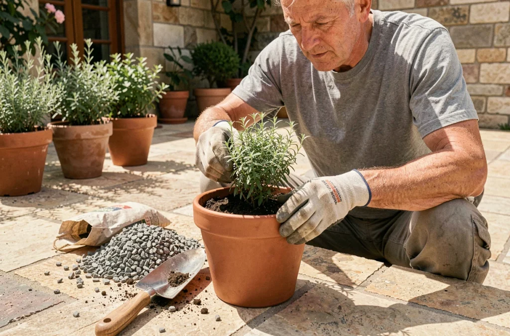 Homme qui transplante un plant de thym dans un pot en terre cuite sur une terrasse en pierre avec du gravier et un outil de jardinage