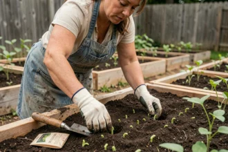 Femme qui sème des graines de haricots verts en échelonnant les rangs dans un potager surélevé