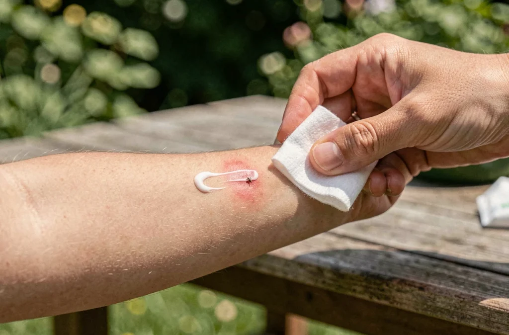 Gros plan sur un soin appliqué sur une piqûre d'insecte rouge sur le bras d'un enfant dans le jardin