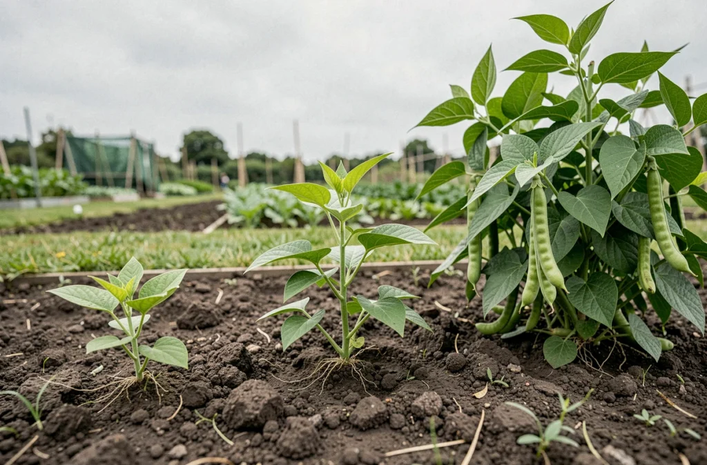Trois stades de croissance des haricots verts côte à côte dans un potager pour illustrer les semis échelonnés