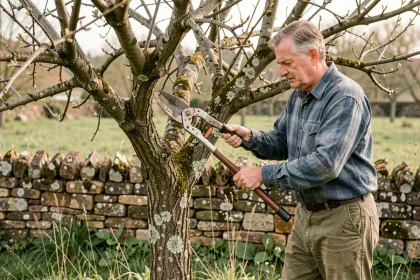 Homme taillant un prunier négligé avec un ébrancheur dans un jardin rustique français au printemps