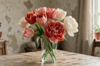Tulipes simples et tulipes doubles en vase de verre sur table en bois rustique, comparaison des formes de pétales