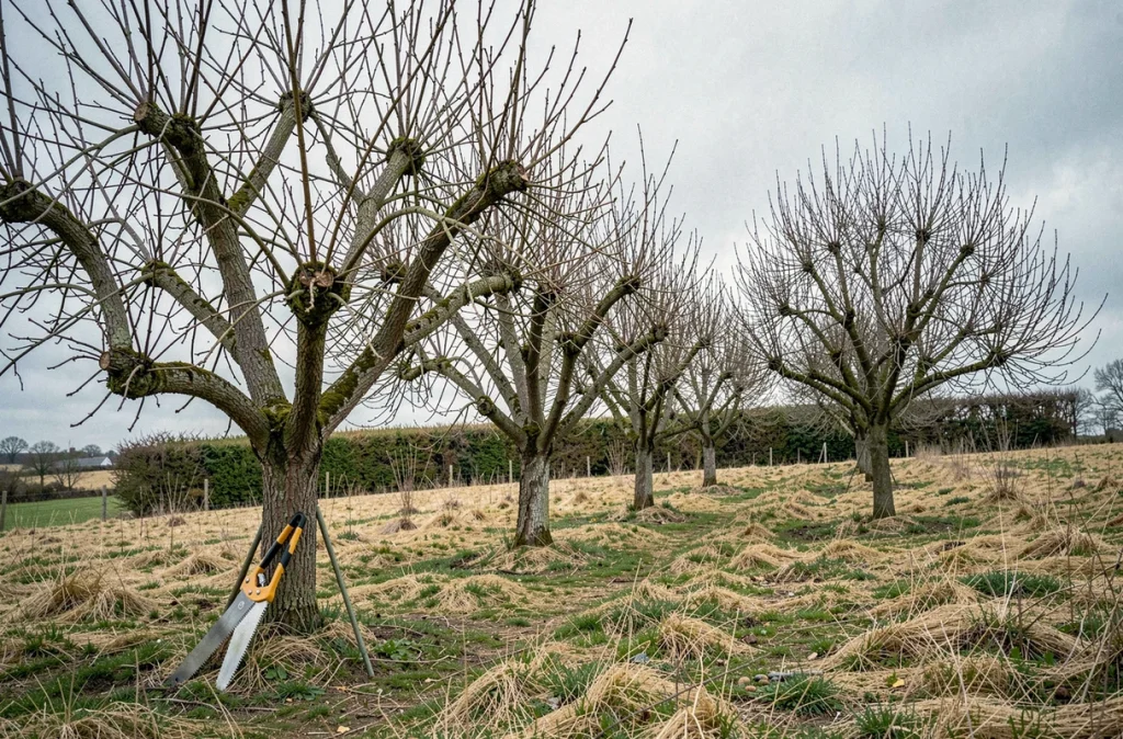 Vue large d'un verger de pruniers négligés comparés à un arbre rattraper après taille de restauration