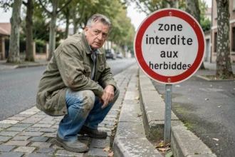 Agriculteur devant un panneau de zone interdite aux désherbants chimiques en milieu urbain