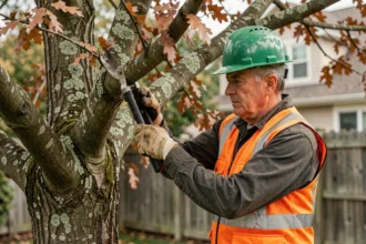 Arboriste professionnel équipé d'un casque et d'un gilet de sécurité effectuant l'élagage d'un chêne mature dans un jardin résidentiel en automne