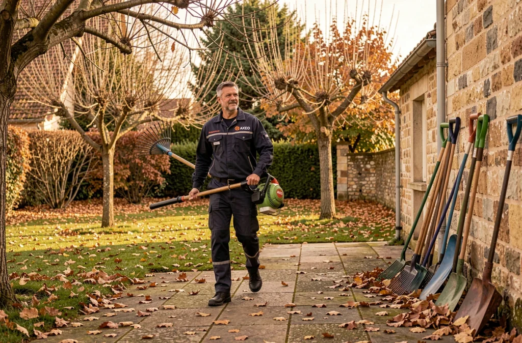 Technicien Axeo Services réalisant l'entretien d'un jardin à domicile en automne dans une maison périurbaine