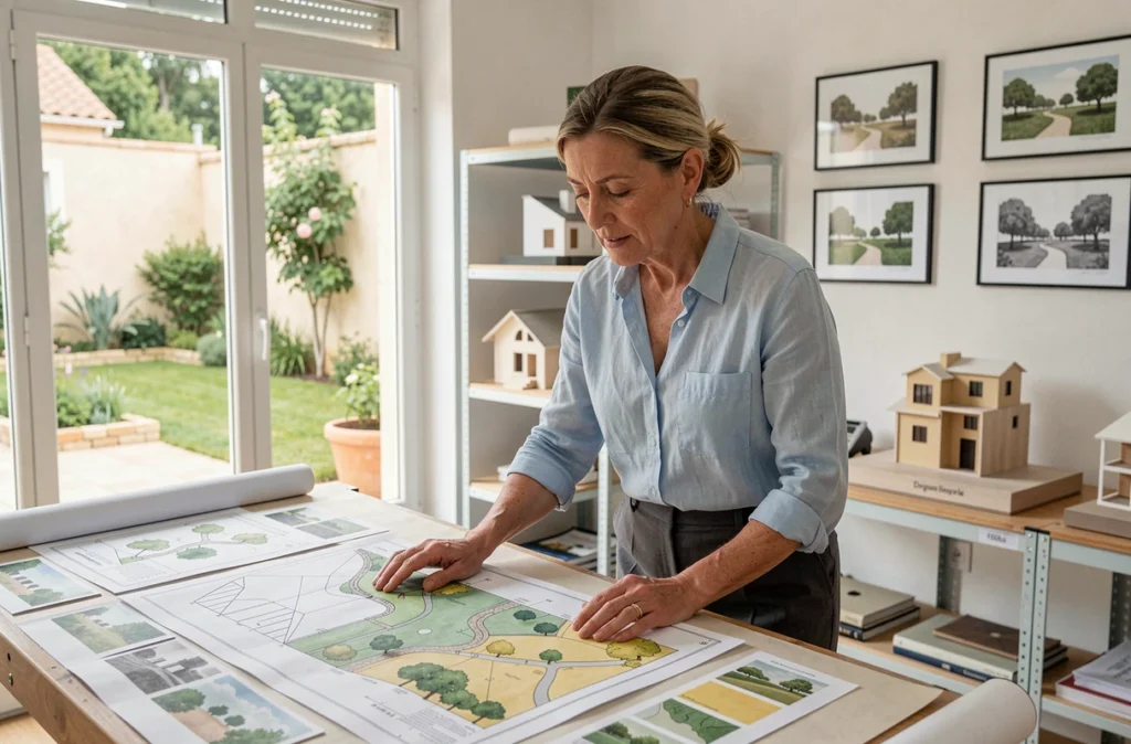 Architecte paysagiste du Cabinet Denizet étudiant des plans de conception de jardins dans son bureau professionnel à Draguignan dans le Var