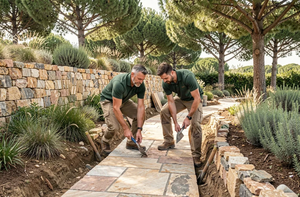 Équipe de C.A.D.E Paysage posant des dalles en pierre naturelle pour créer une allée de jardin dans une propriété résidentielle du Var