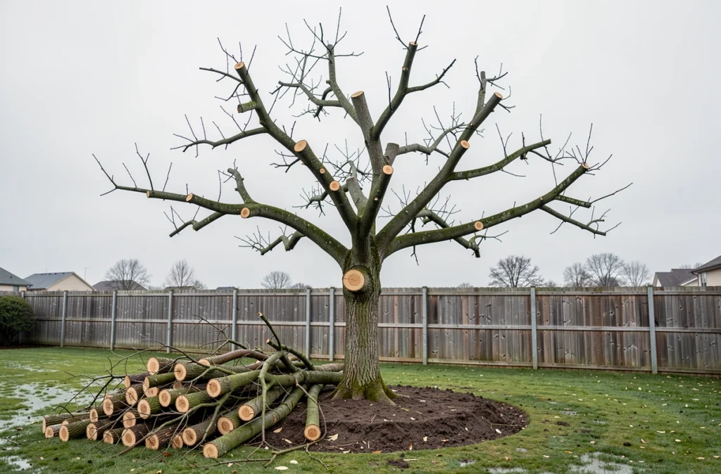 Chêne après élagage avec une couronne ouverte et structurée, coupes fraîches visibles sur les branches principales