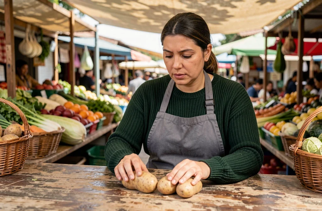 Femme comparant des pommes de terre colombia sur un étal de marché agricole en plein air